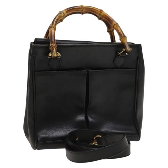 GUCCI Bamboo Hand Bag Leather Black Gold 000 123 000 123 - Picture 1 of 16